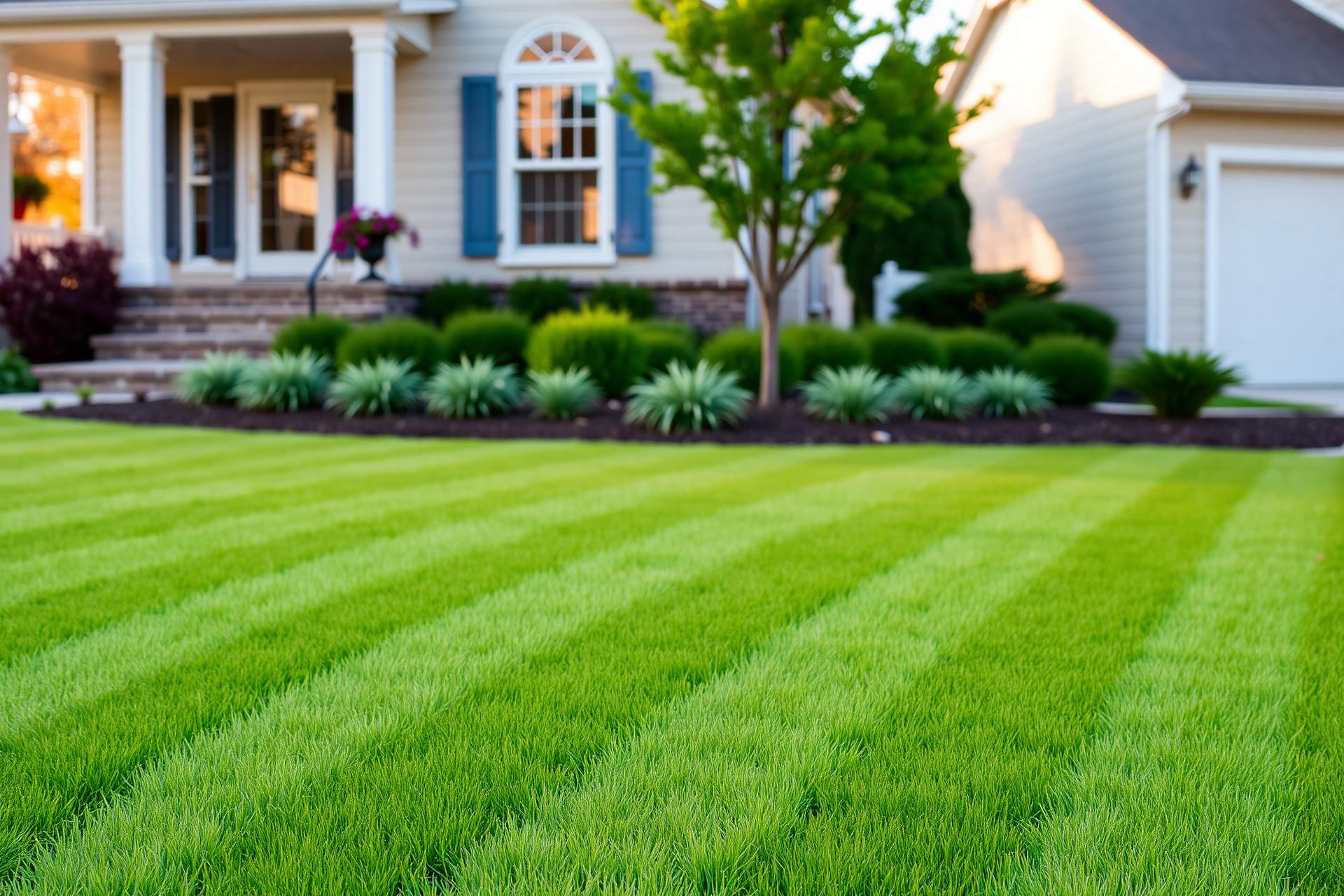 Freshly mowed lawn with clean stripes in front of a home